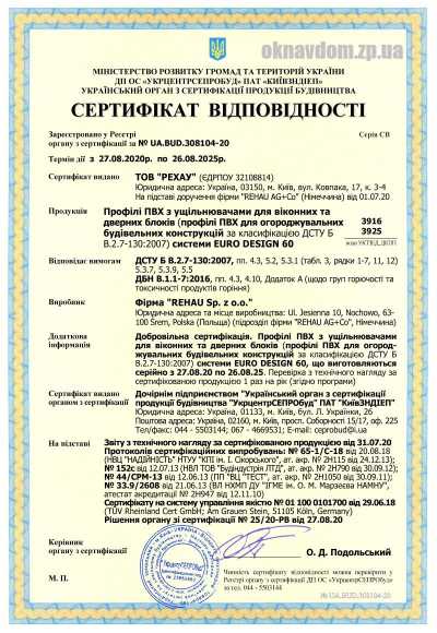 Сертификат REHAU EuroDesign 60 Польша